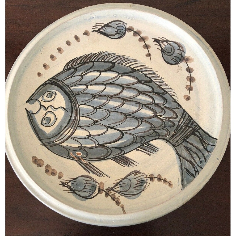 Studio Art Pottery Redware Platter Low Bowl Folk Art Fish Vinate Artist Signed